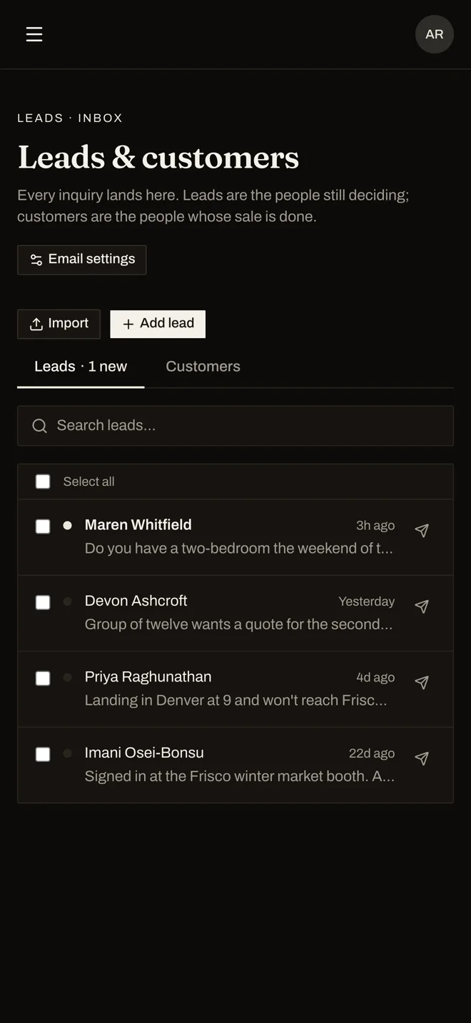 The Themis leads inbox on a phone: four inquiries for the example workspace, the newest unread, each with who wrote in, when, and what they asked